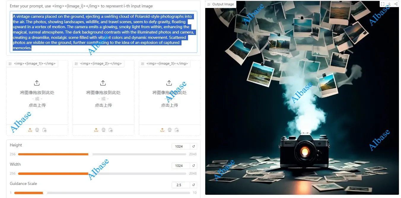 这里AIbase基于给出一个详细老式相机创意拍照的效果提示词，整体生成的效果细节感，满满，效果如下： ... . ...
