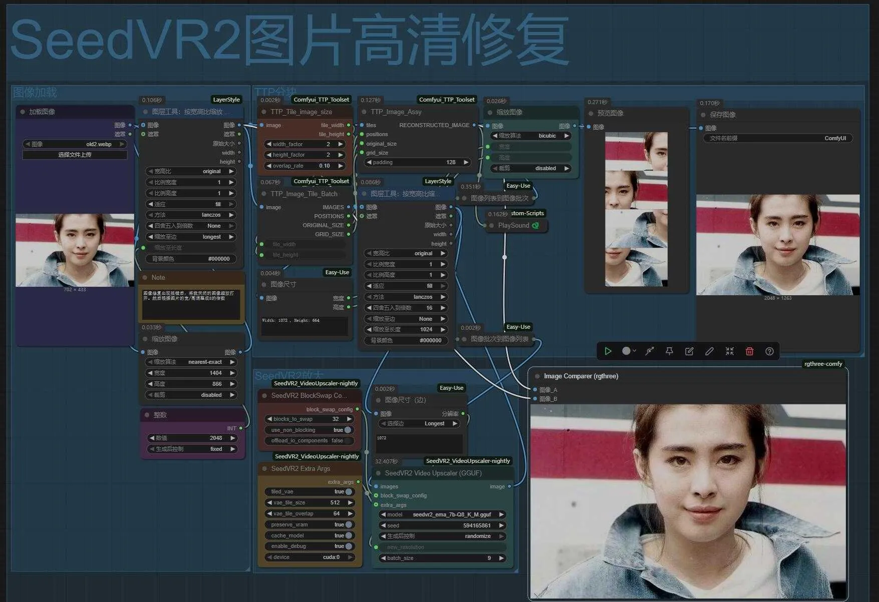 SeedVR2 - 高度还原且逼真的图片/视频高清放大修复模型 ComfyUI工作流 一键整合包下载 ... ... ... ...