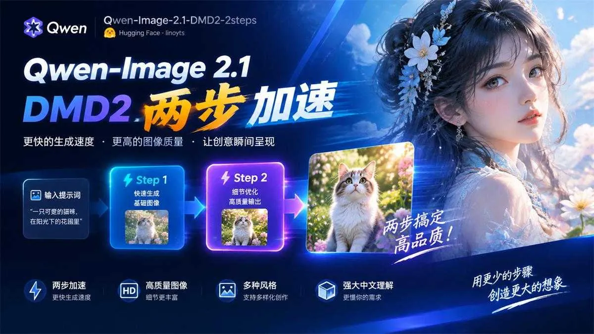 【Qwen-Image-2.1】2步出图，文生图/图像编辑加速神器DMD2-2steps LoRA来了